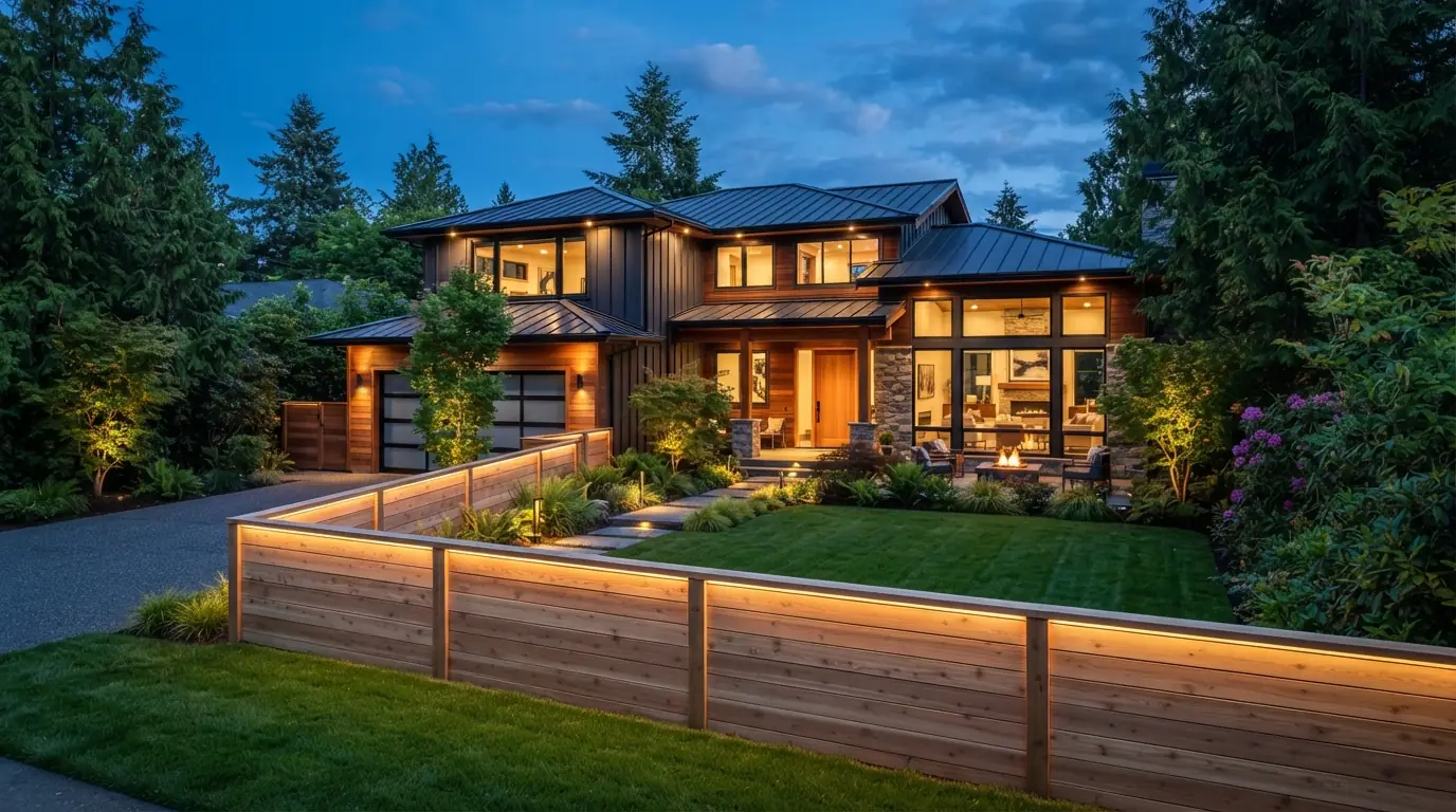 Horizontal cedar fence with built-in lighting in front of a modern home at dusk